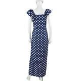 Navy Blue Dot Button Down Vintage Maxi Dress