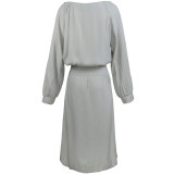 Grey 3/4 Sleeve Waist Tie Button Down Casual Dress