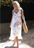 White Floral Print V Neck Ruffle Trim Cami Casual Dress