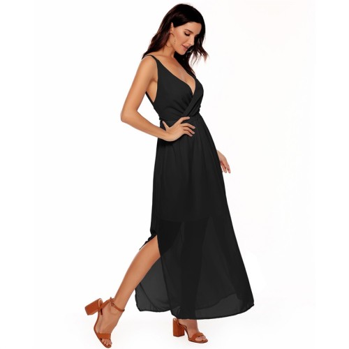 Black Double Straps Lace Up Back Slit Maxi Dress