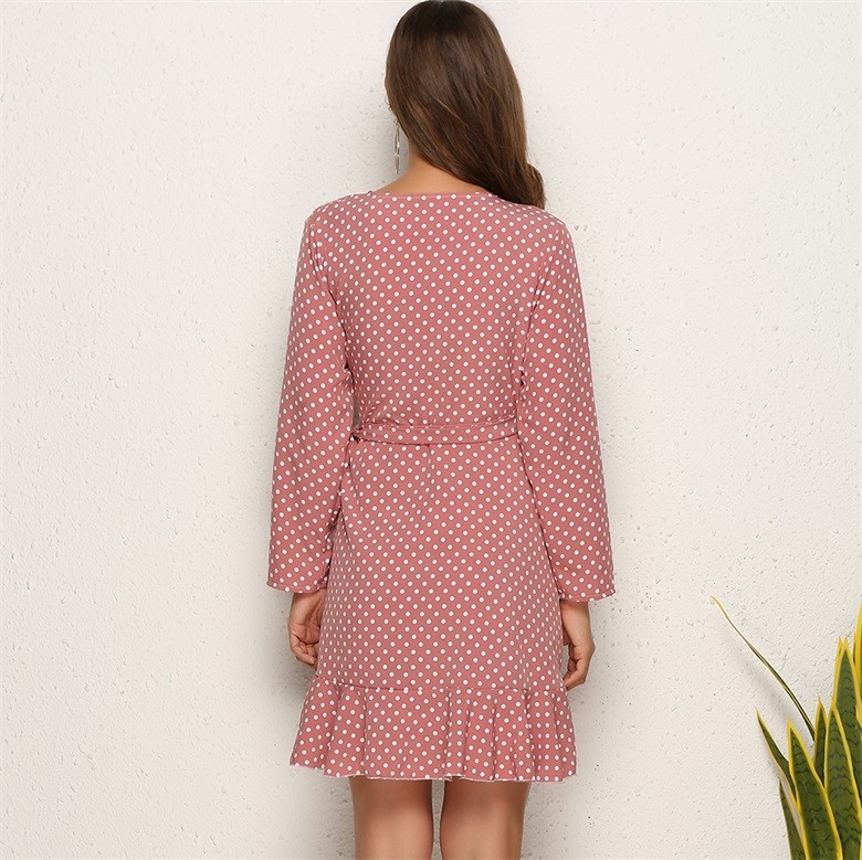 Chicory Coffee Polka Dot Long Sleeve Wrap V Neck Ruffle Hem Mini Dress