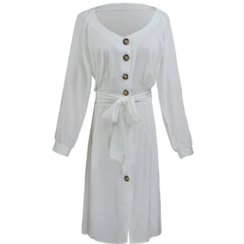 White 3/4 Sleeve Waist Tie Button Down Casual Dress