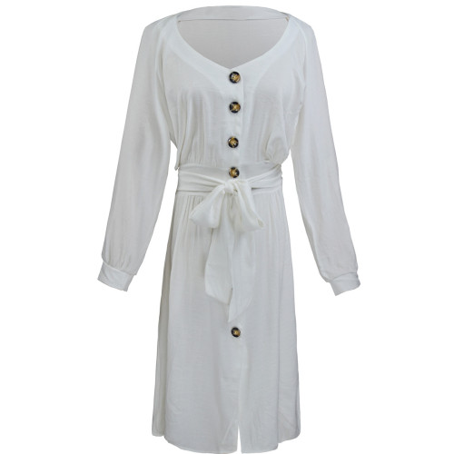 White 3/4 Sleeve Waist Tie Button Down Casual Dress