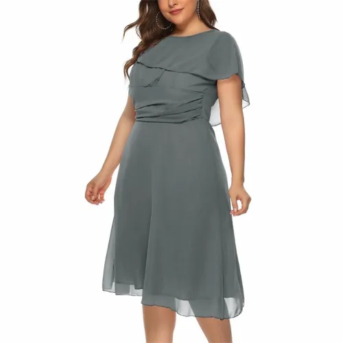 Plus Size Grey Chiffon A Line Ruched Waist Midi Dress