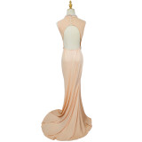 Elegant Beaded Mesh Splice Slit Mermaid Prom Dress