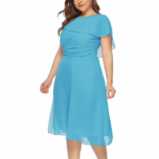 Plus Size Blue Chiffon A Line Ruched Waist Midi Dress