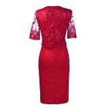Red Plus Size Lace Splicing Midi Dress