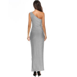 Elegant Silver One Shoulder Maxi Prom Dress