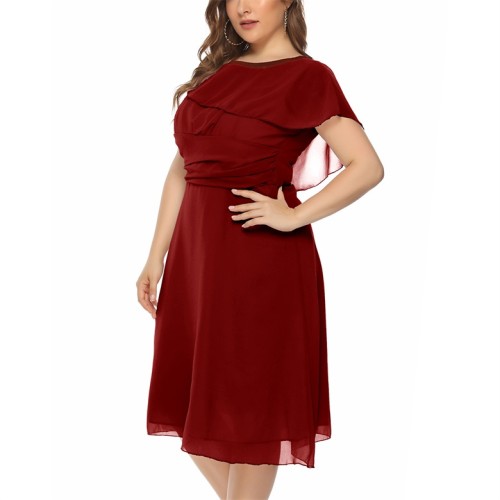 Plus Size Burgundy Chiffon A Line Ruched Waist Midi Dress