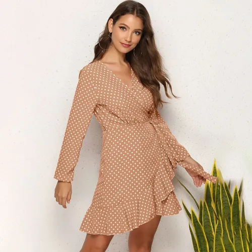 Apricot Long Sleeve Polka Dot Ruffle Wrap Short Casual Dress