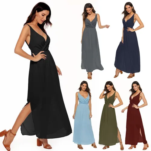 Blue Double Straps Lace Up Back Slit Maxi Dress