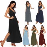 Army Green Double Straps Lace Up Back Slit Maxi Dress