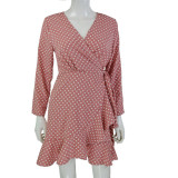 Pink Long Sleeve Polka Dot Ruffle Wrap Short Casual Dress