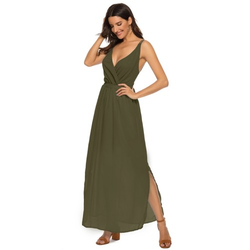 Army Green Double Straps Lace Up Back Slit Maxi Dress
