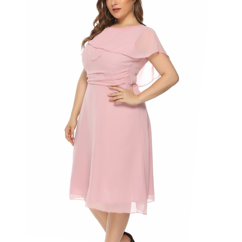 Plus Size Pink Chiffon A Line Ruched Waist Midi Dress
