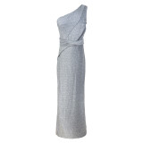 Elegant Silver One Shoulder Maxi Prom Dress