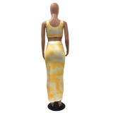 Yellow Tie Dye Crop Top and Long Dress Set