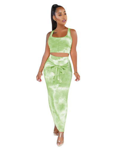 Green Tie Dye Crop Top and Tie Front Maxi Dress Set