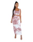 Tie Dye Cropped Tank Top and Tie Front Long Dress Set