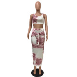 Tie Dye Cropped Tank Top and Tie Front Long Dress Set