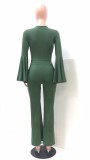Army Green Bell Sleeve Plunge Flare Jumpsuit