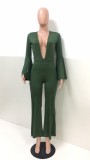 Army Green Bell Sleeve Plunge Flare Jumpsuit