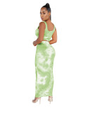 Green Tie Dye Crop Top and Tie Front Maxi Dress Set