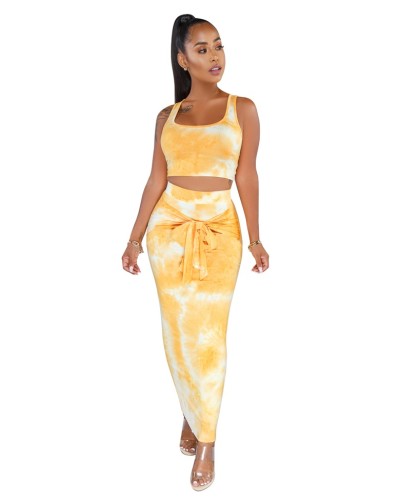 Yellow Tie Dye Crop Top and Long Dress Set
