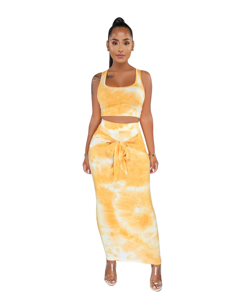 Yellow Tie Dye Crop Top and Long Dress Set US 6.39