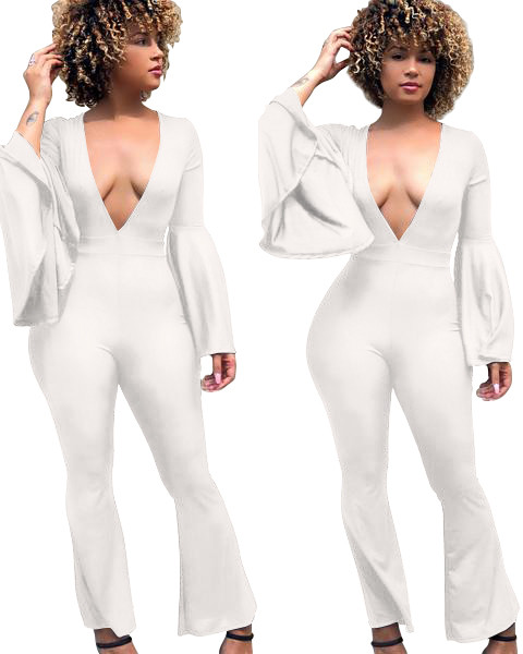 White Bell Sleeve Plunge Flare Jumpsuit