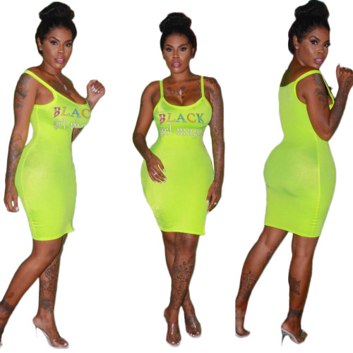 Green Letter Print Sexy Tight Cami Dress
