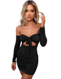 Knotted Off Shoulder Ruched Cutout Bodycon Mini Dress-Black