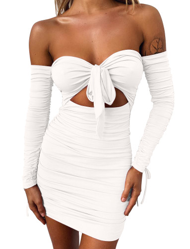 Ruched Off Shoulder Knotted Cutout Bodycon Mini Dress-White