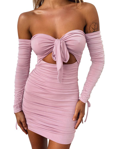Off Shoulder Ruched Cutout Knotted Mini Bodycon Dress-Pink