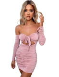 Off Shoulder Ruched Cutout Knotted Mini Bodycon Dress-Pink