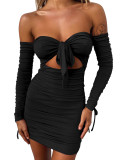 Knotted Off Shoulder Ruched Cutout Bodycon Mini Dress-Black