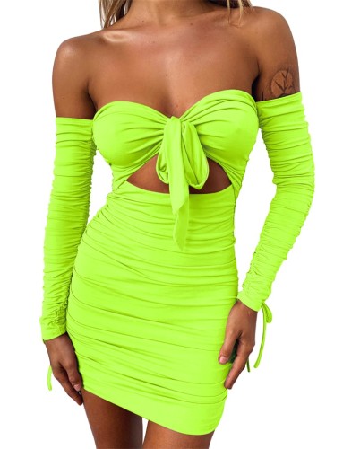 Cutout Ruched Off Shoulder Knotted Mini Bodycon Dress-Green