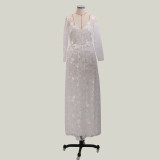 White Lace Double V Neck Long Sleeve Wedding Dress