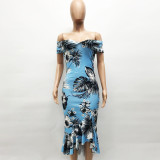 Tropical Print Sweetheart Mermaid Midi Dress