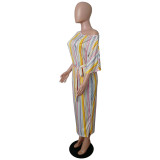 Belted Striped Slash Neck Loose Midi Dress
