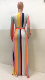 Rainbow Striped Belted Thigh Split Maxi Dress