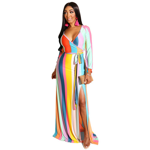 Rainbow Striped Belted Thigh Split Maxi Dress