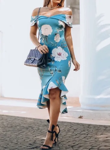 Floral Off Shoulder Mermaid Midi Dress