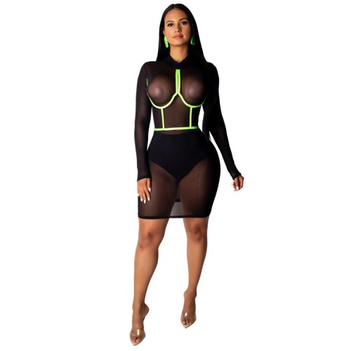 Black See Through Mesh Sheer Club Dress with Contrast Piping