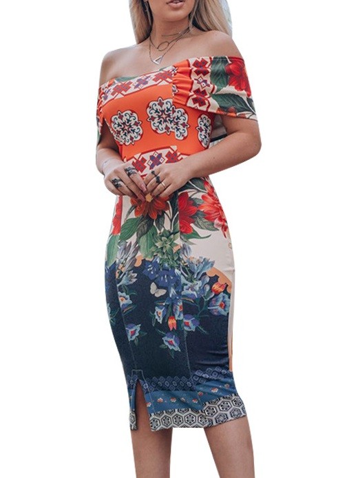 Floral Off Shoulder Tight Midi Dress On Sale For Us 7 77 Www