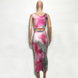 Tie Dye Tank Top & Knot Front Tight Midi Skirt