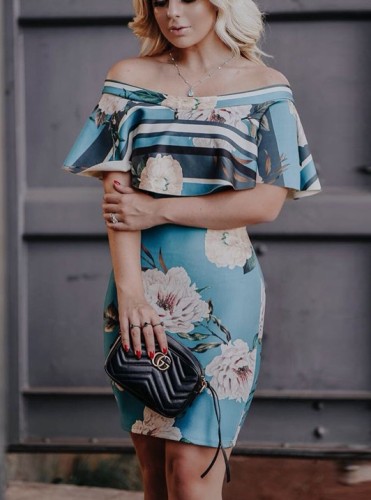 Ruffle Off Shoulder Blue Floral Slinky Midi Dress