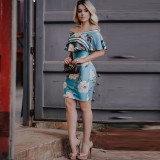 Ruffle Off Shoulder Blue Floral Slinky Midi Dress