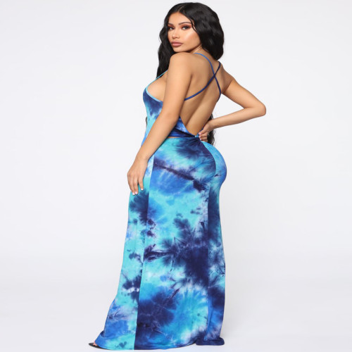 Tie Dye Open Back Plus Size Strappy Maxi Dress