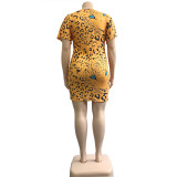 Plus Size Twist Front Yellow Leopard Bodycon Dress